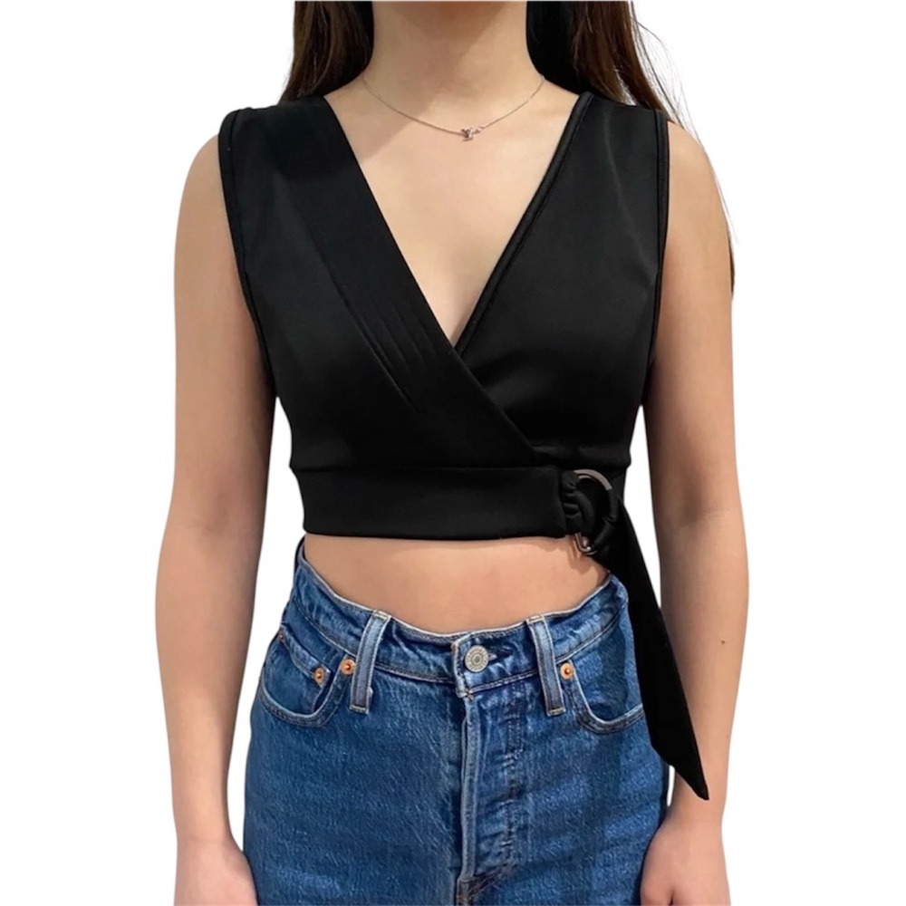 Timing Wrap Style Silver Buckle Pull Hem Black Sleeveless Tank Crop Top Size S